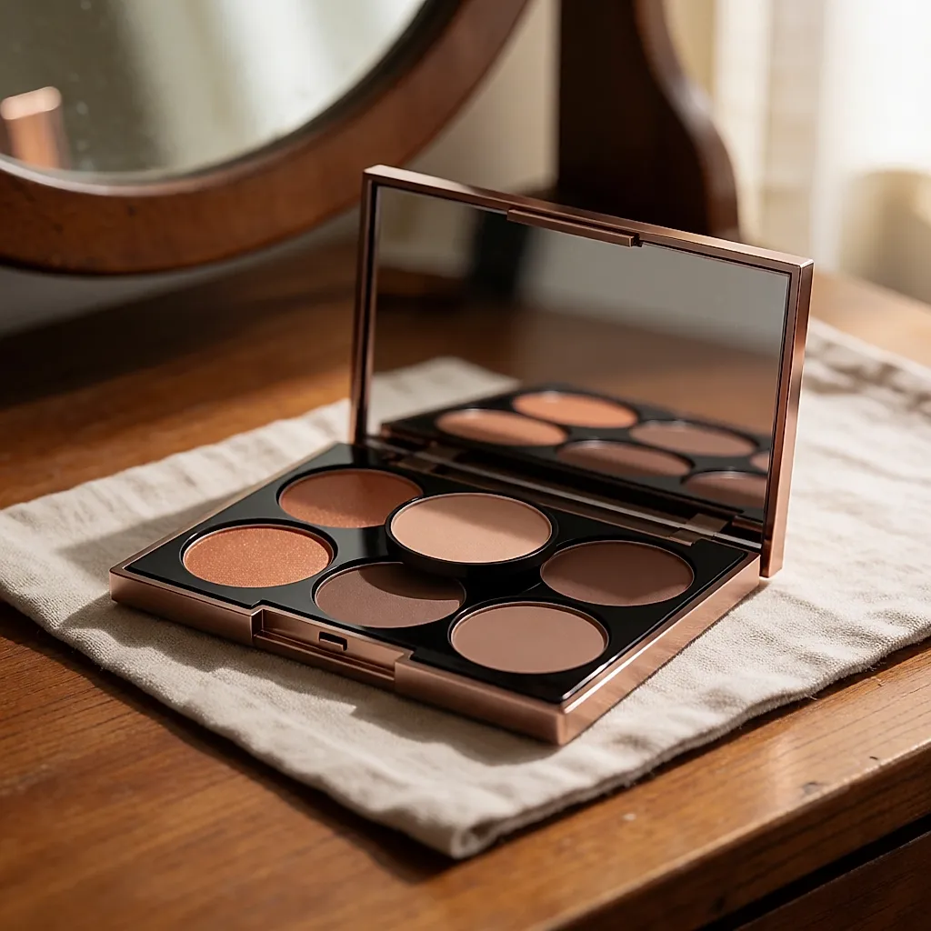 Nachfüllbare Palette von Shu Uemura mit runden Tiegeln in warmen Brauntönen