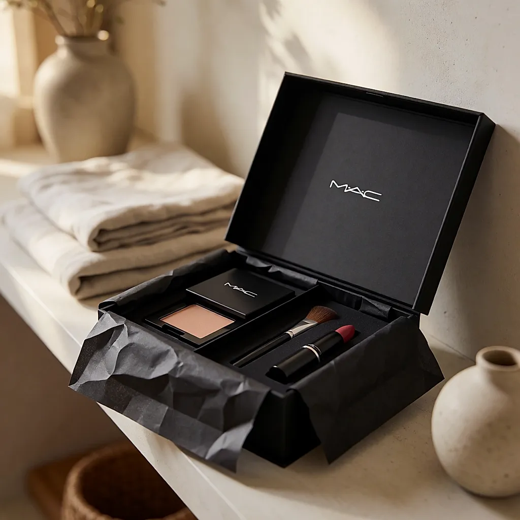 Geöffnetes Make-up-Set im schwarzen Karton von MAC auf einem Regal