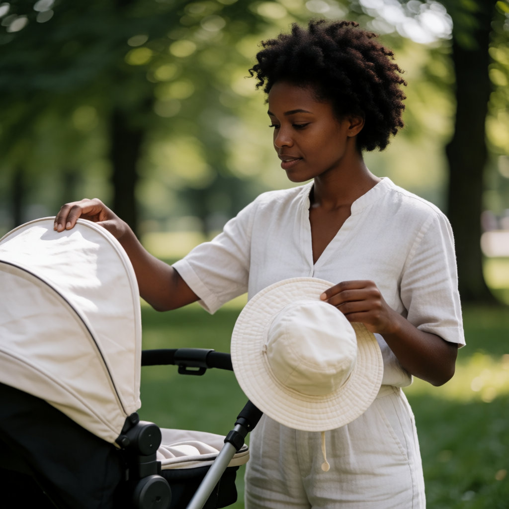 Jeune femme noire sous un arbre, tenant un chapeau de soleil près d'une poussette