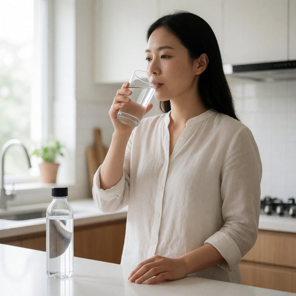 Jeune femme asiatique buvant un verre d'eau dans une cuisine lumineuse