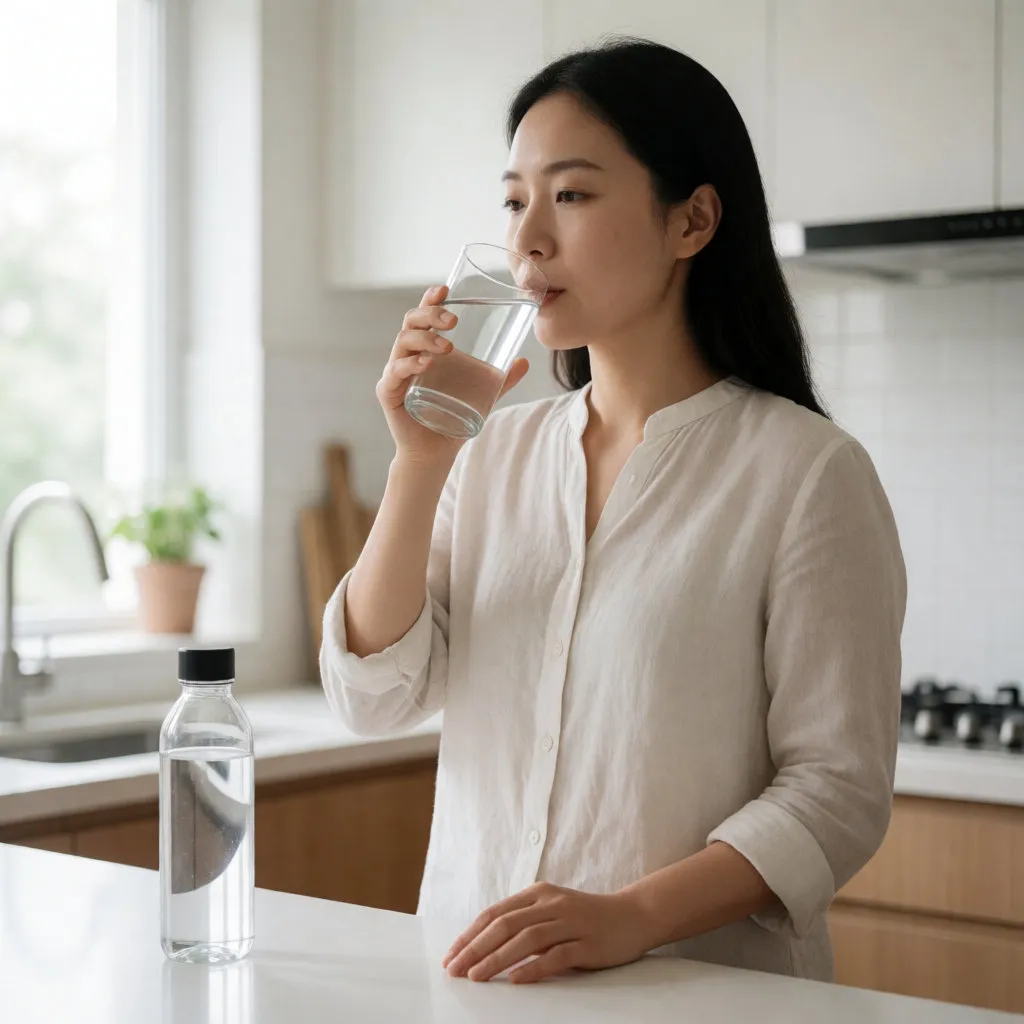 Junge asiatische Frau trinkt ein Glas Wasser in einer hellen Küche