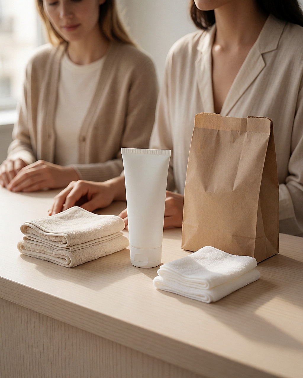 Tube de crème sans marque, carrés de coton et sachet kraft sur un comptoir clair
