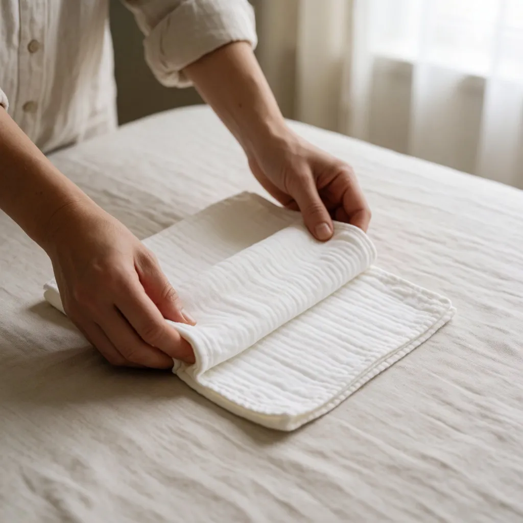 Hände einer Frau, die ein weißes Musselintuch auf einem Bett mit hellen Leinenlaken falten