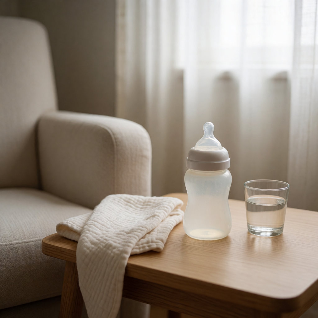 Biberon sans étiquette et linge plié sur une table en bois près d'un fauteuil, dans une lumière douce