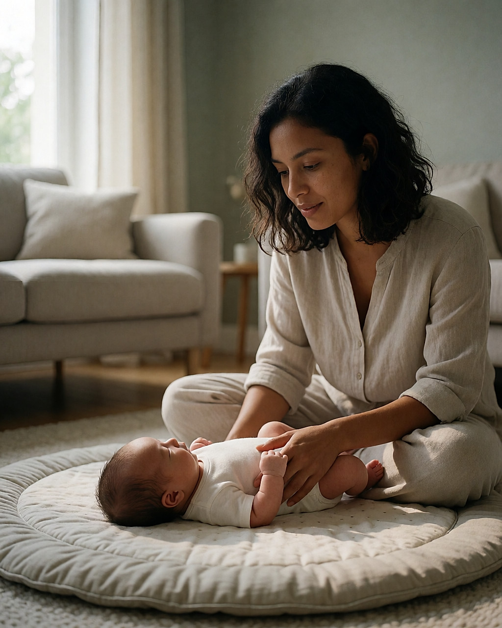 Jeune mère sud-américaine assise près de son bébé, la main posée près de son ventre, attentive