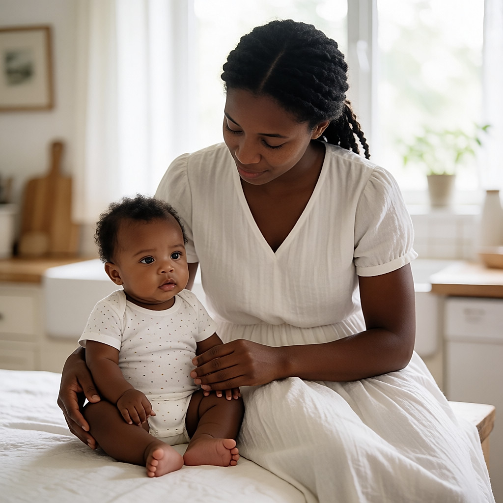 Junge südamerikanische Mutter sitzt bei ihrem Baby, die Hand nahe am Bauch, aufmerksam