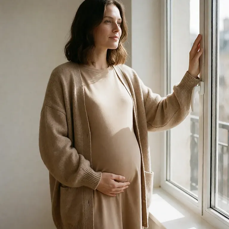 Pregnant woman in a styled setting, reflecting the polished image of celebrity maternity in 2026