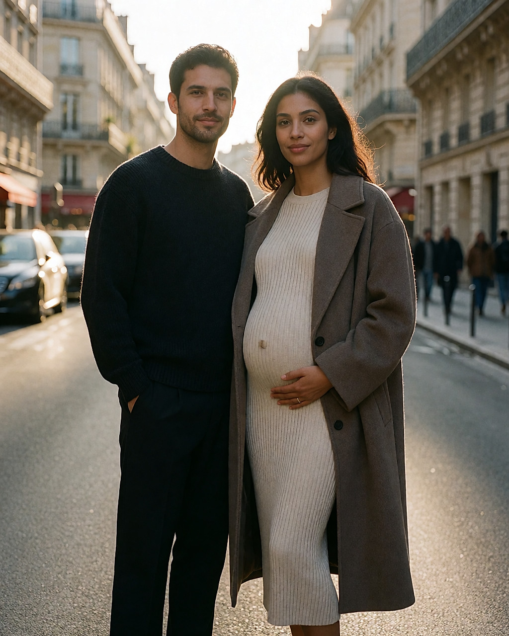 Couple anonyme en ville, femme enceinte en robe ajustée opaque et manteau ouvert, lumière dorée