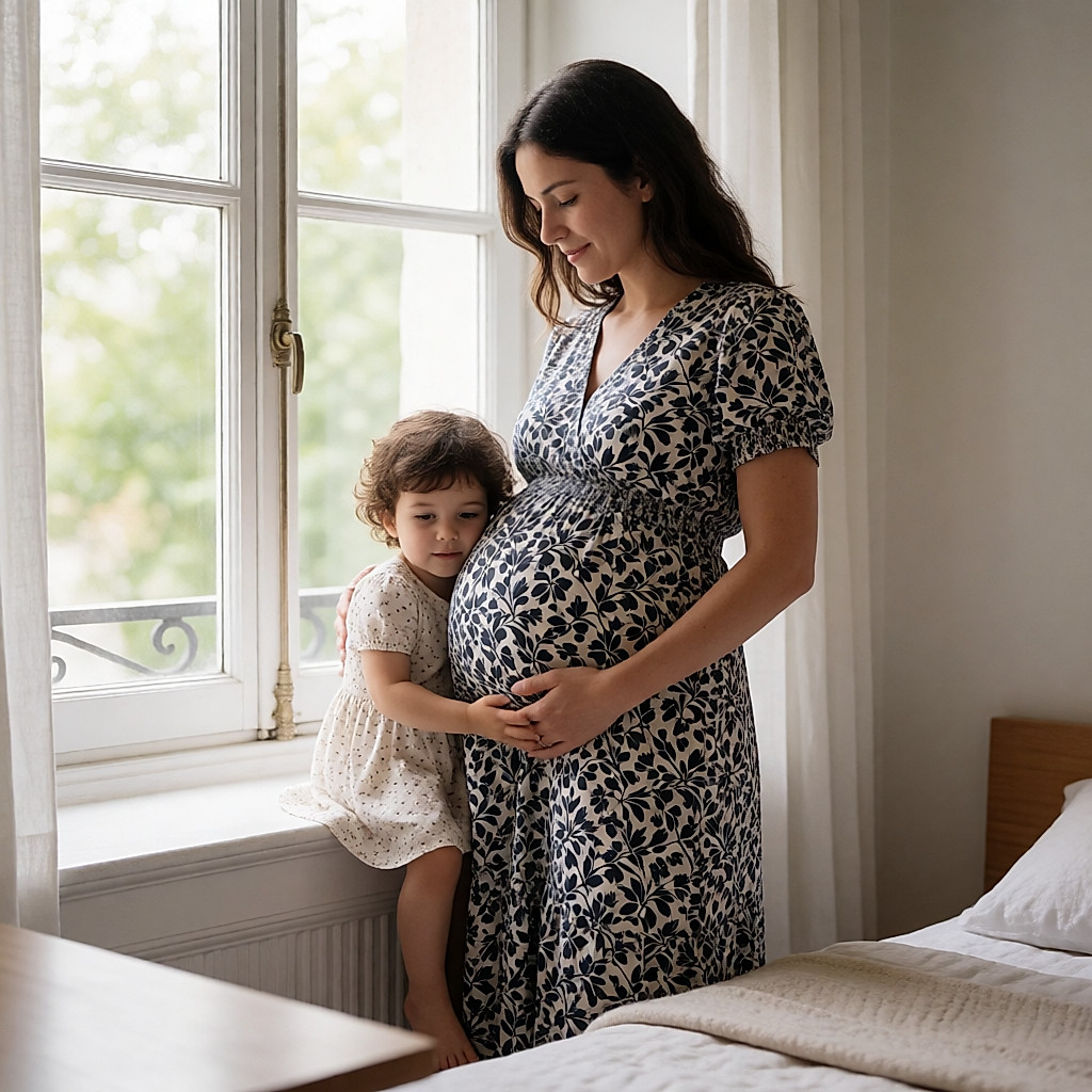 Schwangere Frau und ihr kleines Kind legen die Hände auf ihren Bauch, nahe einem Fenster