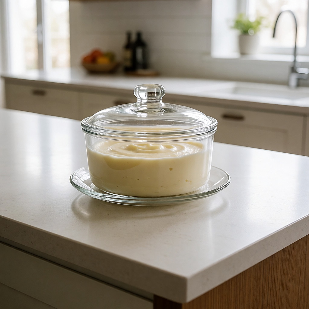 Glascreme, Kartonhülle mit mineralischer Sonnencreme und festes Seifenstück auf einem hellen Waschtisch