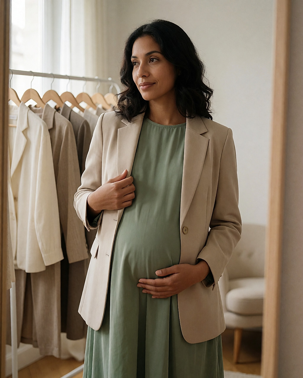 Femme enceinte latina en cabine, robe fluide sage sous blazer structuré beige, vue trois-quarts miroir