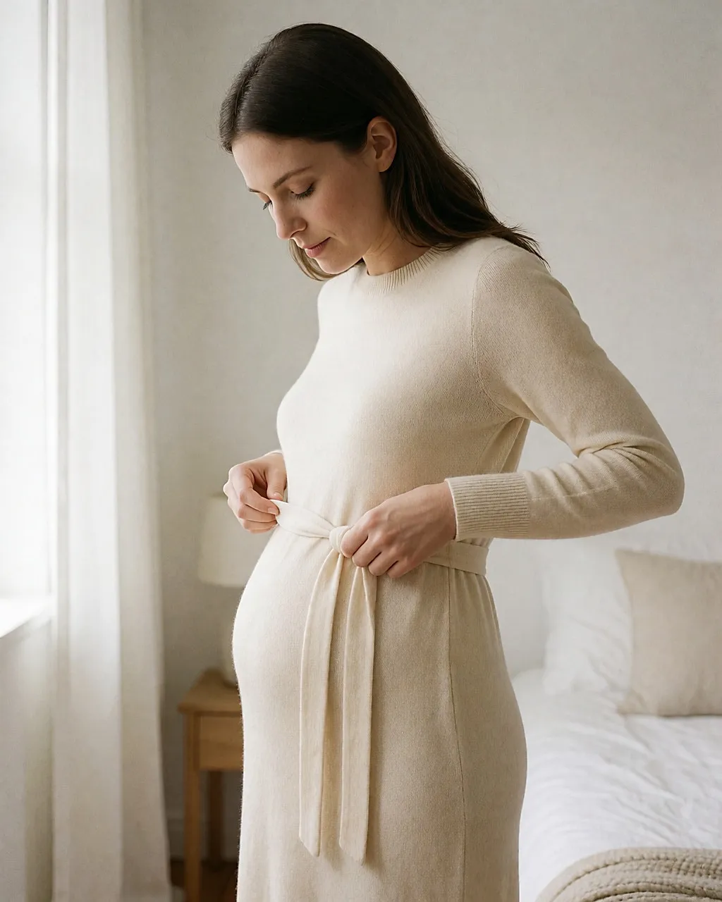 Weiße schwangere Frau justiert einen weichen Gürtel unter dem Bauch, blickdichtes Strickkleid in Creme