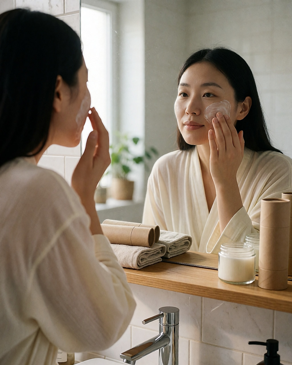 Femme enceinte asiatique appliquant une crème hydratante dans une salle de bain naturelle