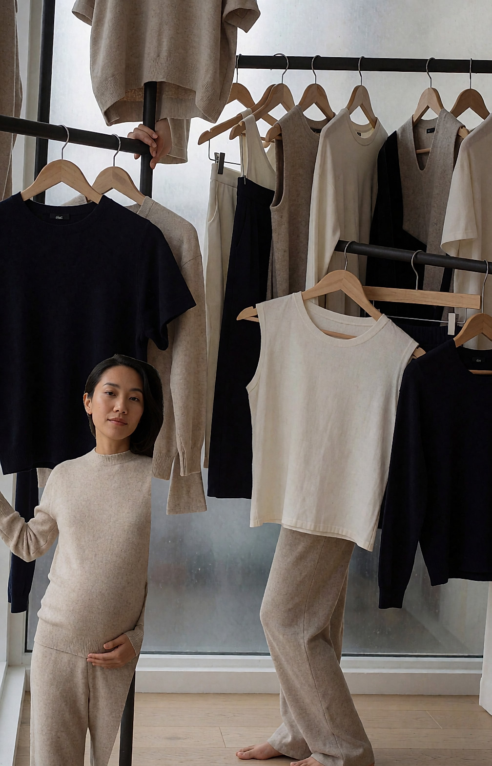 Femme enceinte de dos dans un loft clair, ensemble maille beige, penderie aux pièces neutres