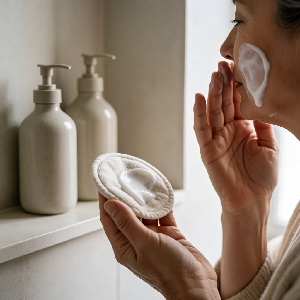 Mains appliquant une lotion micellaire sur un coton, dans une salle de bain lumineuse et épurée