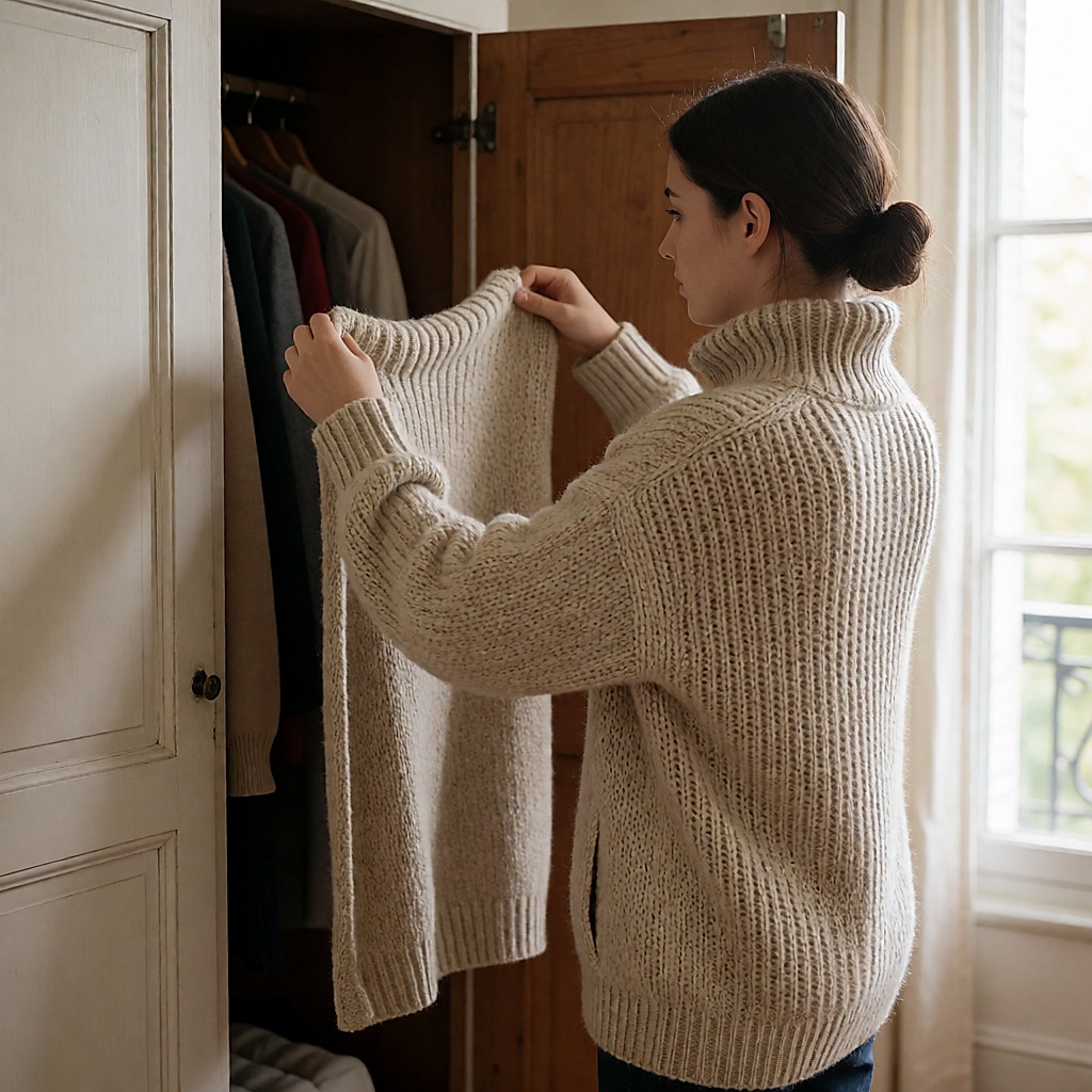 Junge Frau, die einen dicken Wollpullover vor einem offenen Schrank anzieht