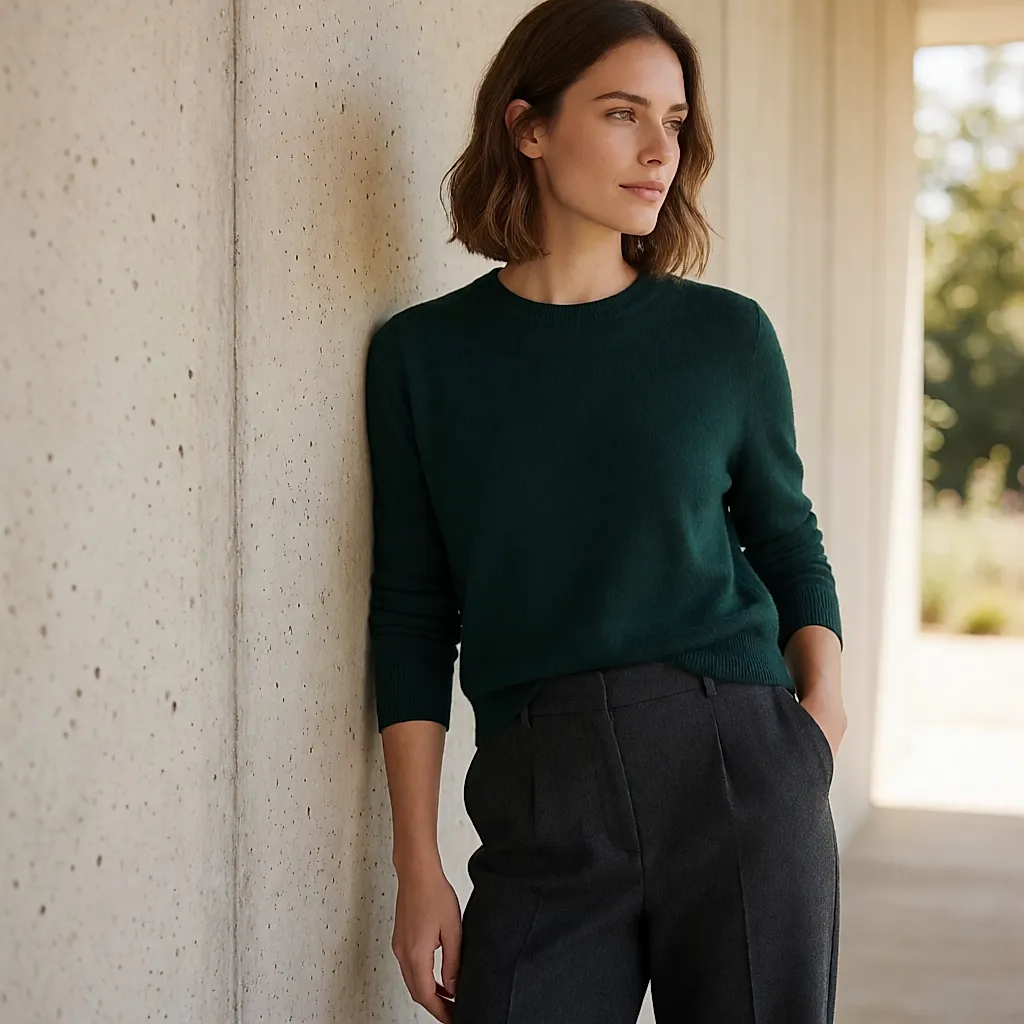 Silhueta de pullover verde-profundo e calças antracite encostada a uma parede de betão