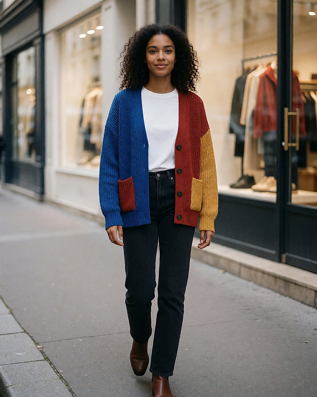 Jeune femme métissée en gilet tricoté multicolore marchant sur un trottoir citadin