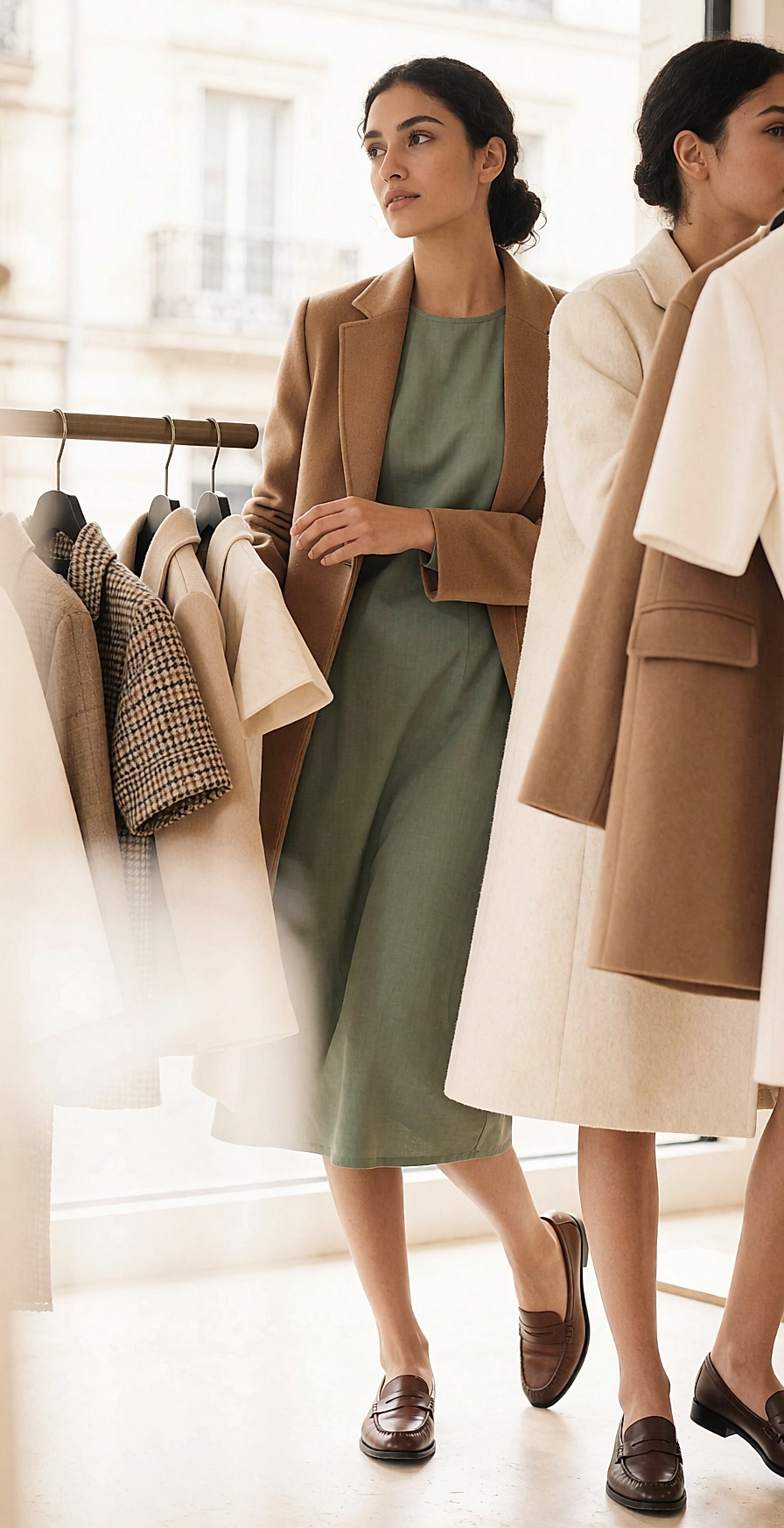 Jeune femme en manteau camel et robe sauge, vue de trois-quarts dos, dans une boutique