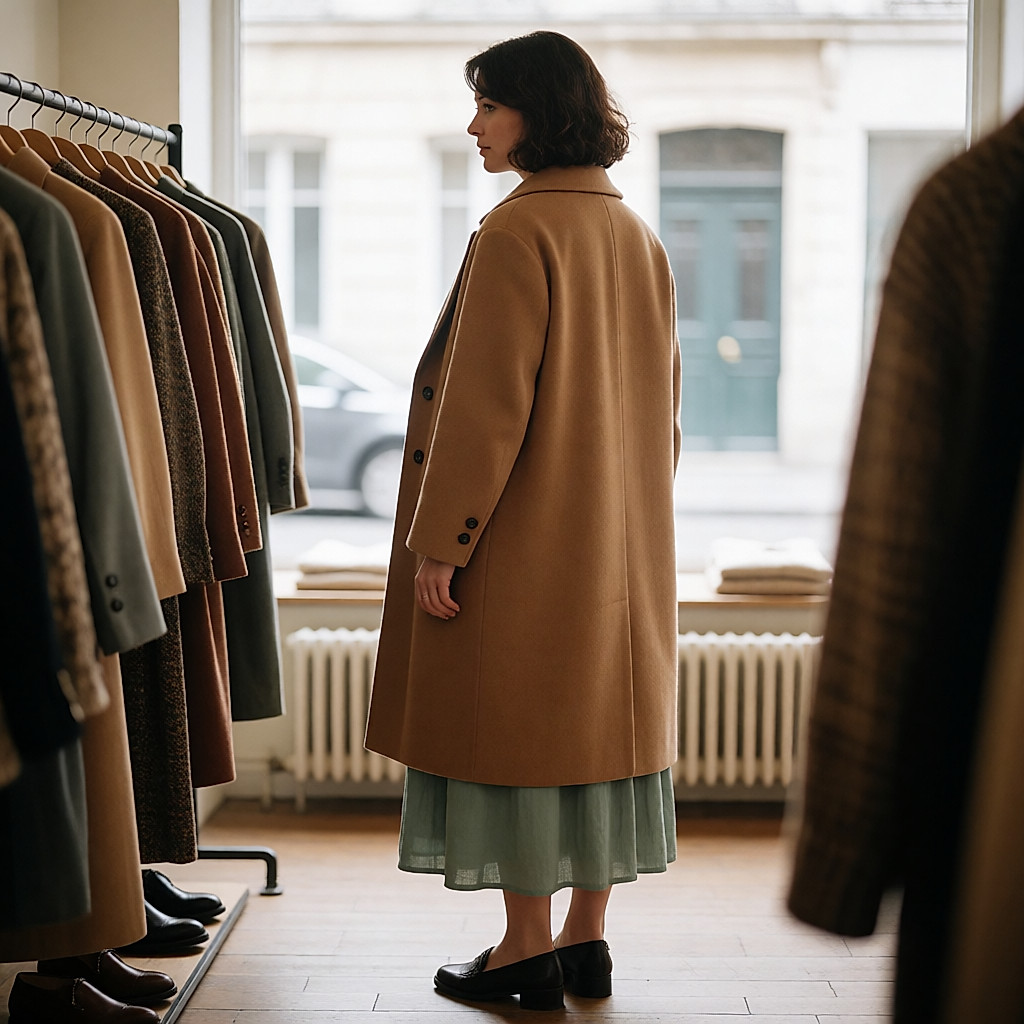 Junge Frau in camelfarbenem Mantel und salbeigrünem Kleid, halb von hinten gesehen, in einer Boutique