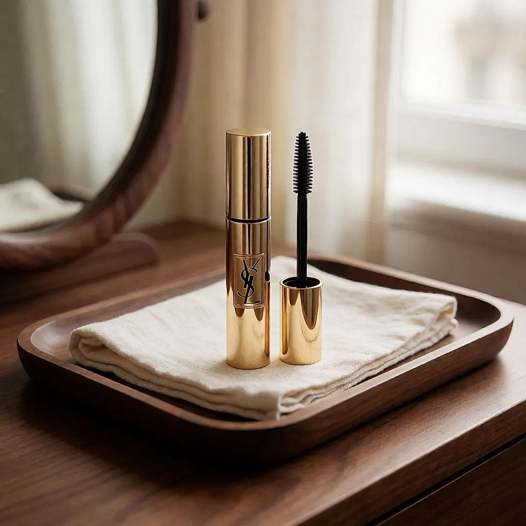 Goldene YSL-Mascara-Tube mit kleiner Bürste auf dunklem Holz