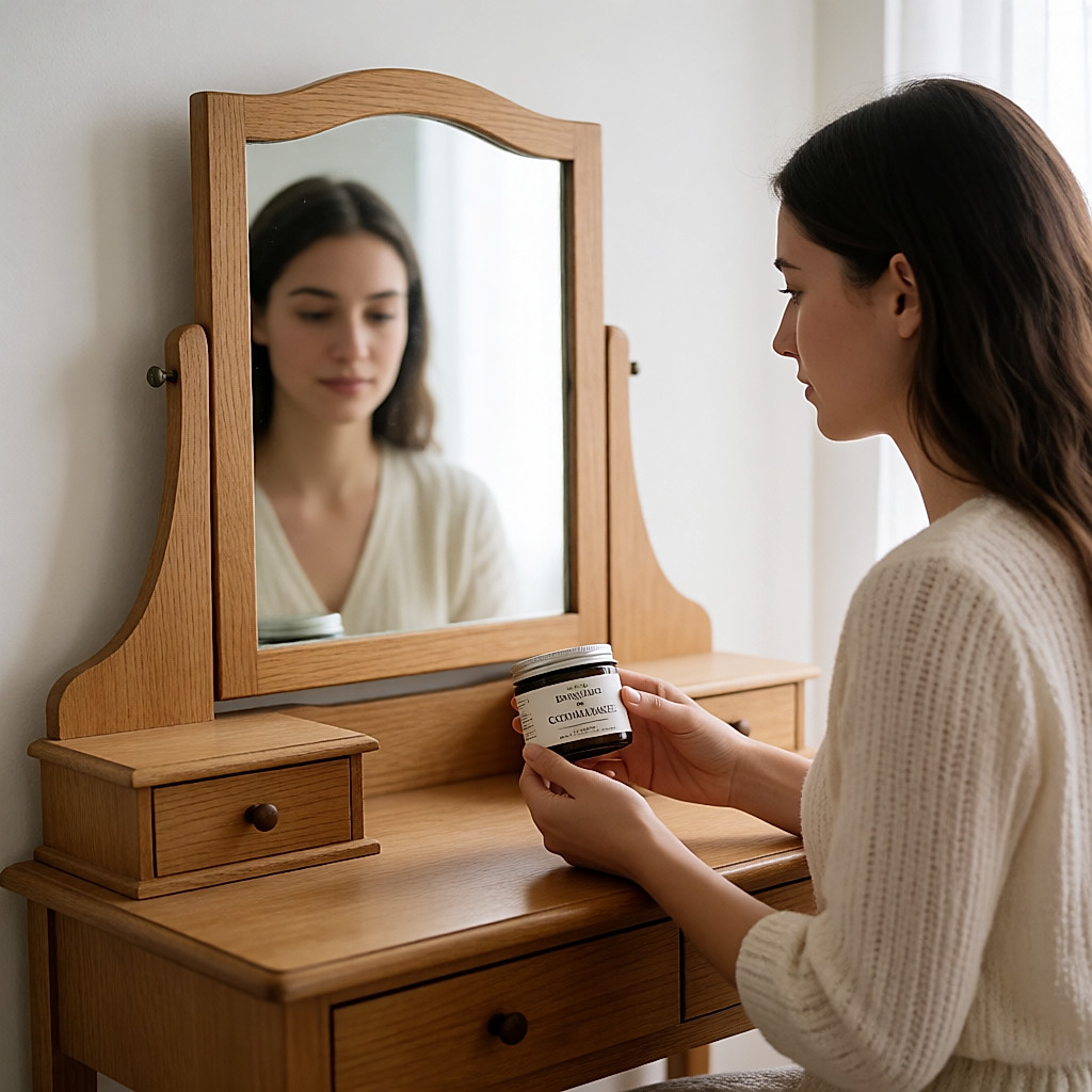 Drei Frauen stehen zusammen vor einer hellen Frisierkommode, in der Hand ein Peeling-Tiegel