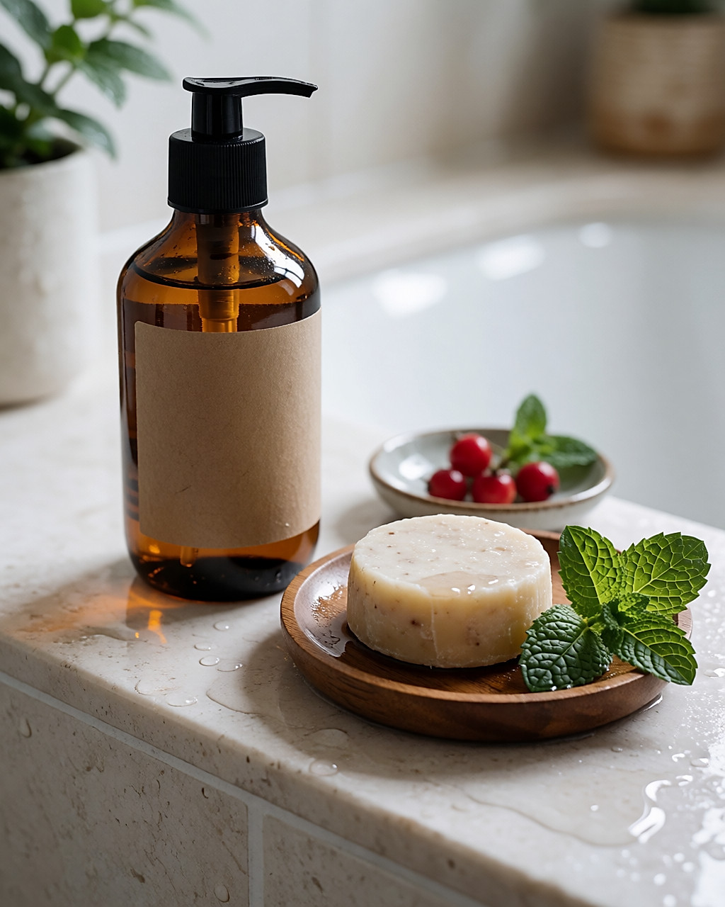 Flacon de shampooing en verre ambré et pain de shampooing solide sur une pierre mouillée, feuilles de menthe