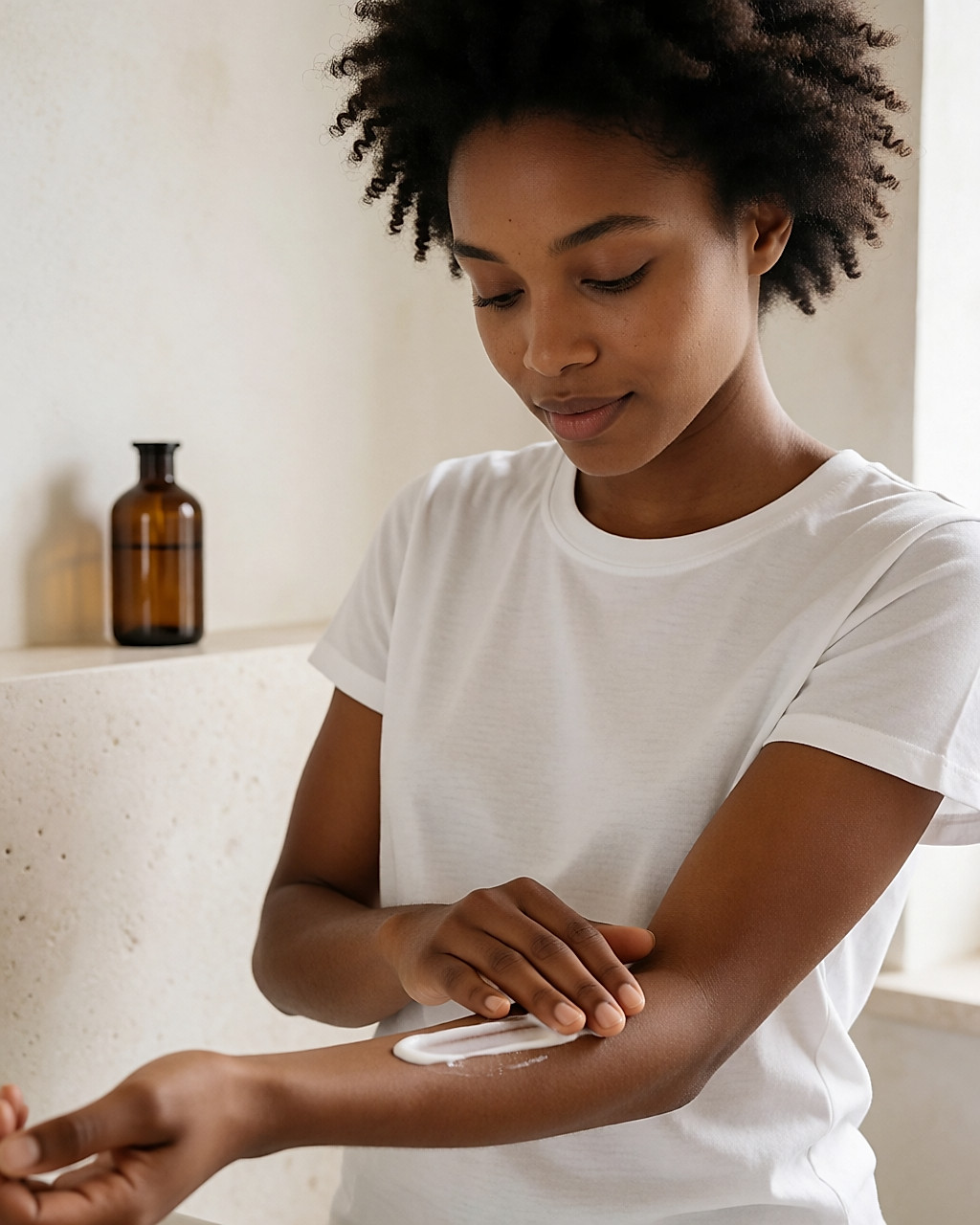 Jeune femme noire appliquant une crème bio sur son avant-bras dans une salle de bain lumineuse