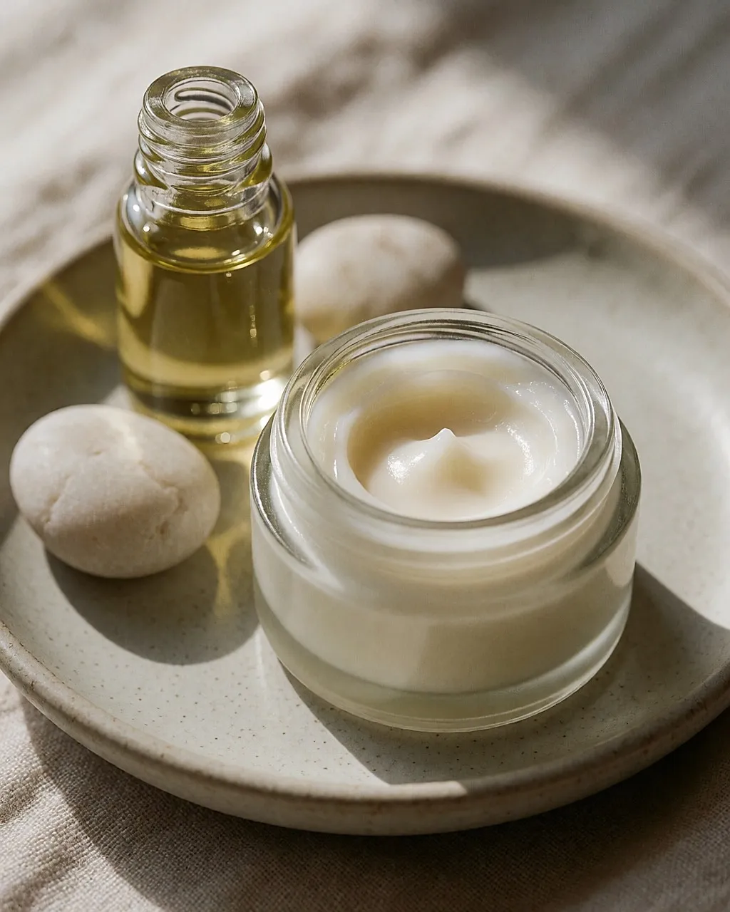 Nahaufnahme der Textur eines geöffneten Bio-Balsams im Glas, daneben goldenes Öl