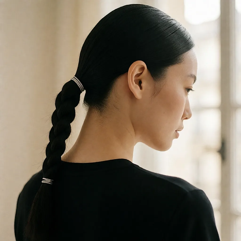 乌黑发丝梳成贴头皮的湿发感紧编发，末端用一根银色细绳扎住，透出蛇蝎美人的酷感