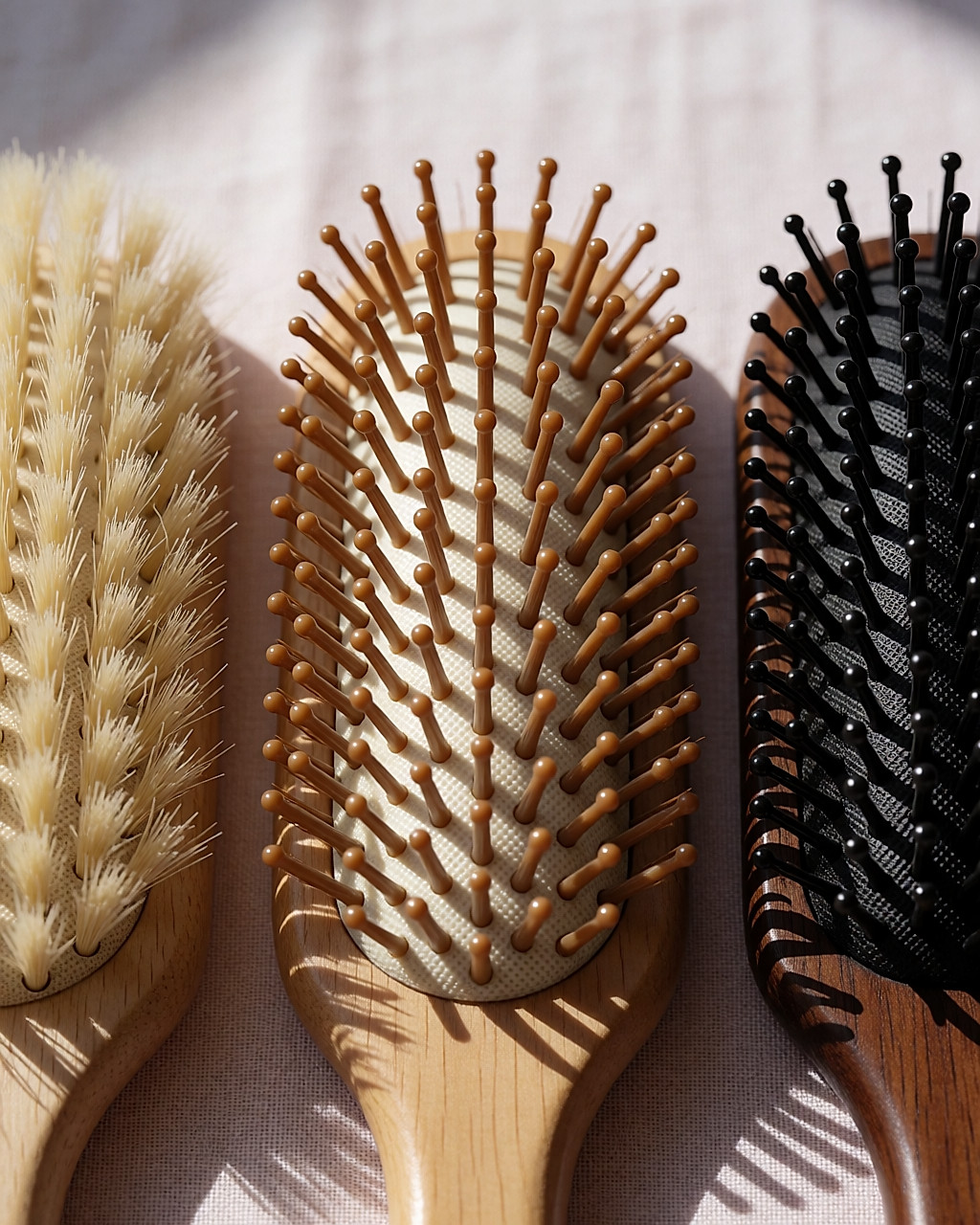 Close-up of three types of bristles: boar, rounded nylon and hard plastic