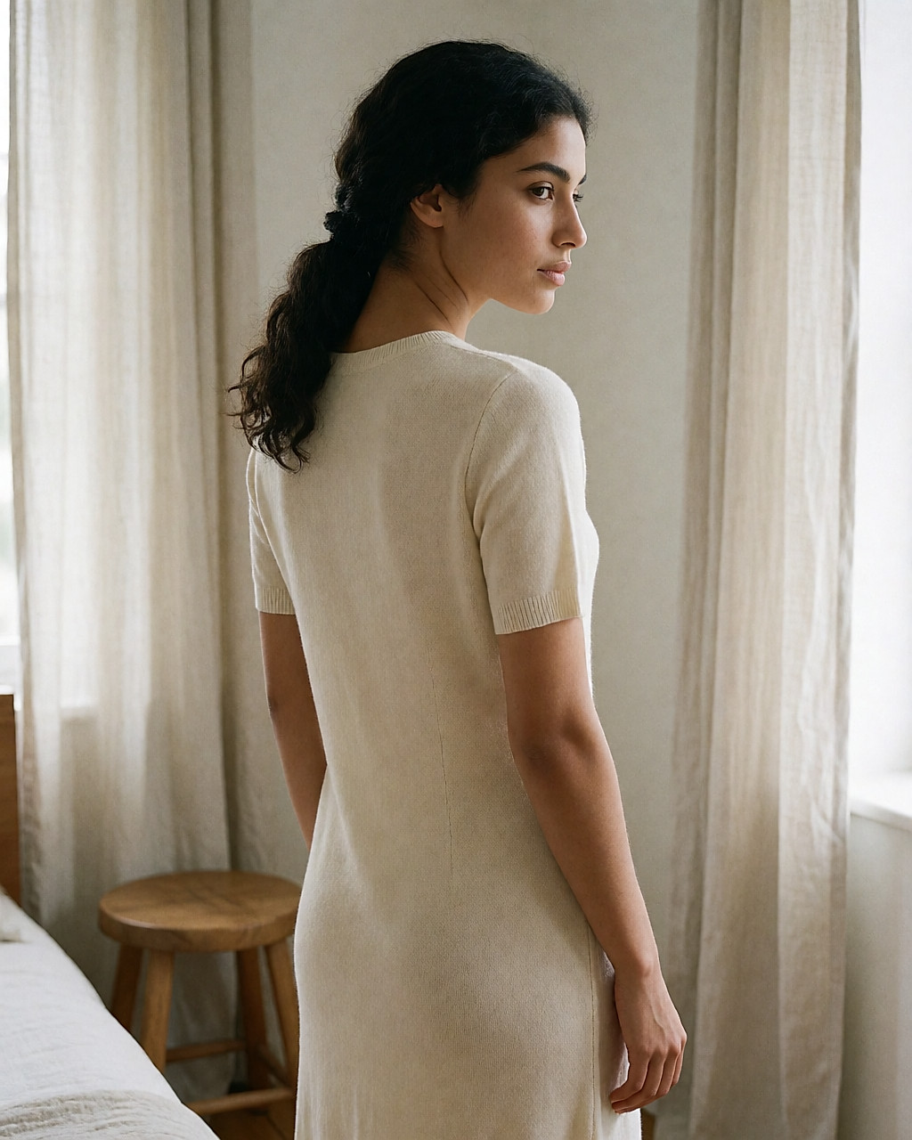 Rear view of a young woman in a cream knitted dress, smooth back with no bra-strap marks