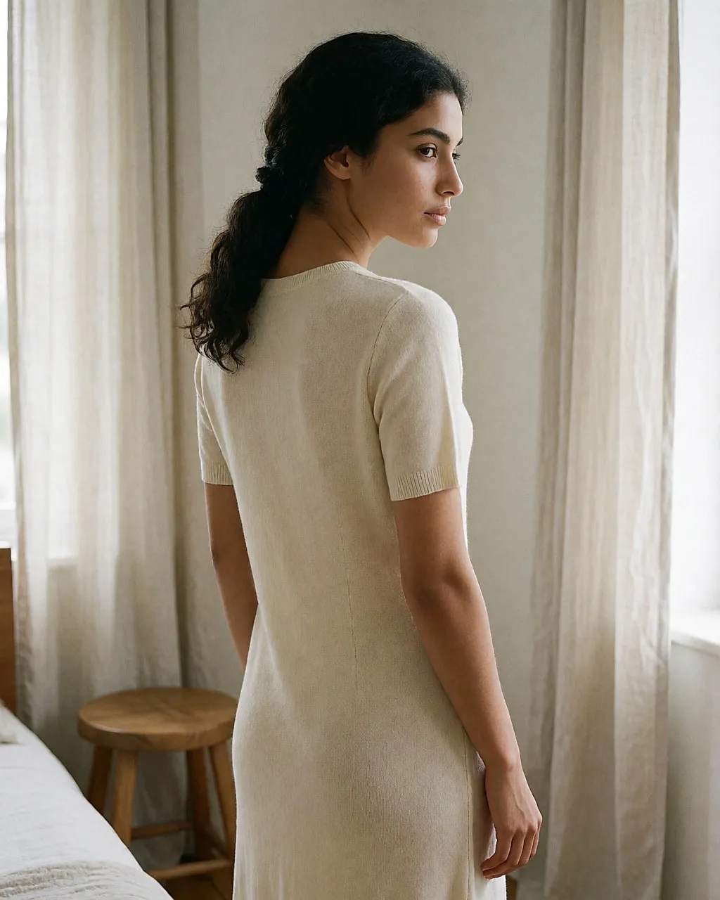 Vue de dos d'une jeune femme en robe maille crème, le dos lisse sans marque de bretelles
