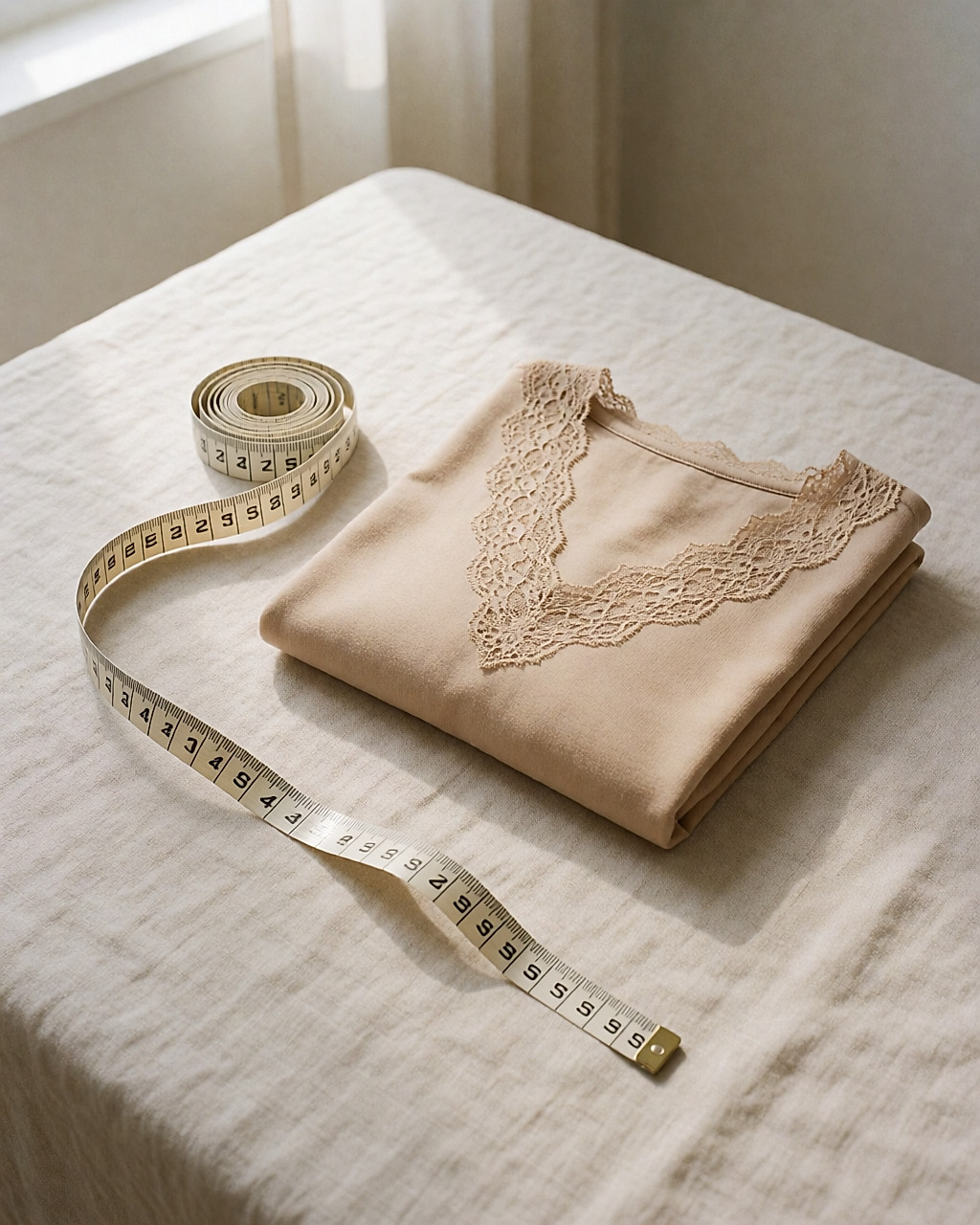 A tape measure unrolled on pale linen next to a folded beige bra
