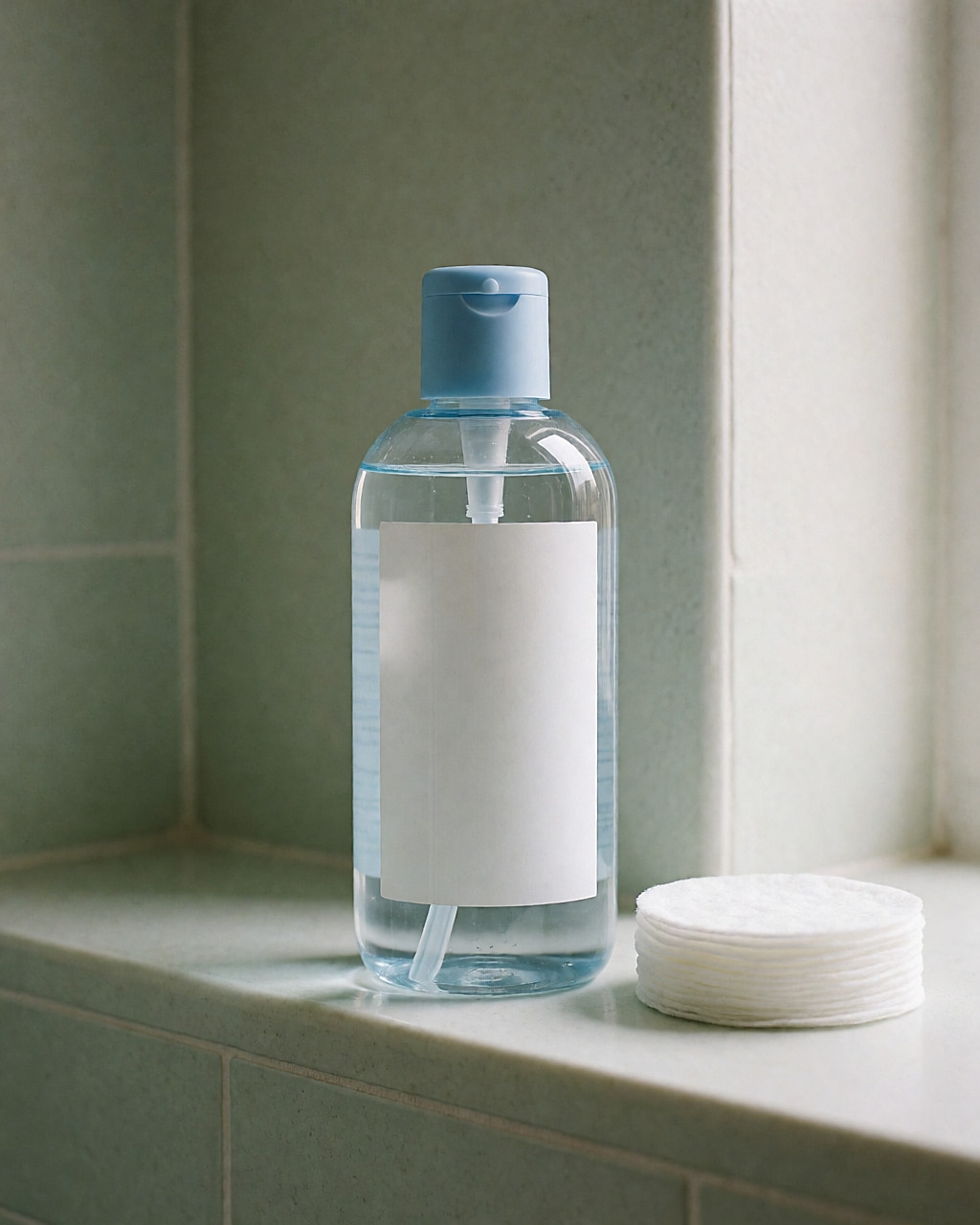 A bottle of micellar water with a blue cap on a shelf in a bright bathroom, next to a few cotton pads