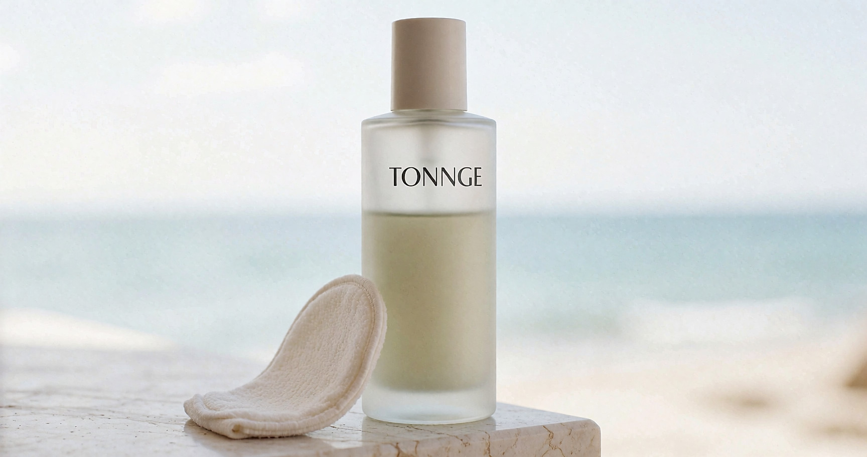 Frosted glass bottle of pale toning cleanser on a light marble ledge, near a folded cotton pad
