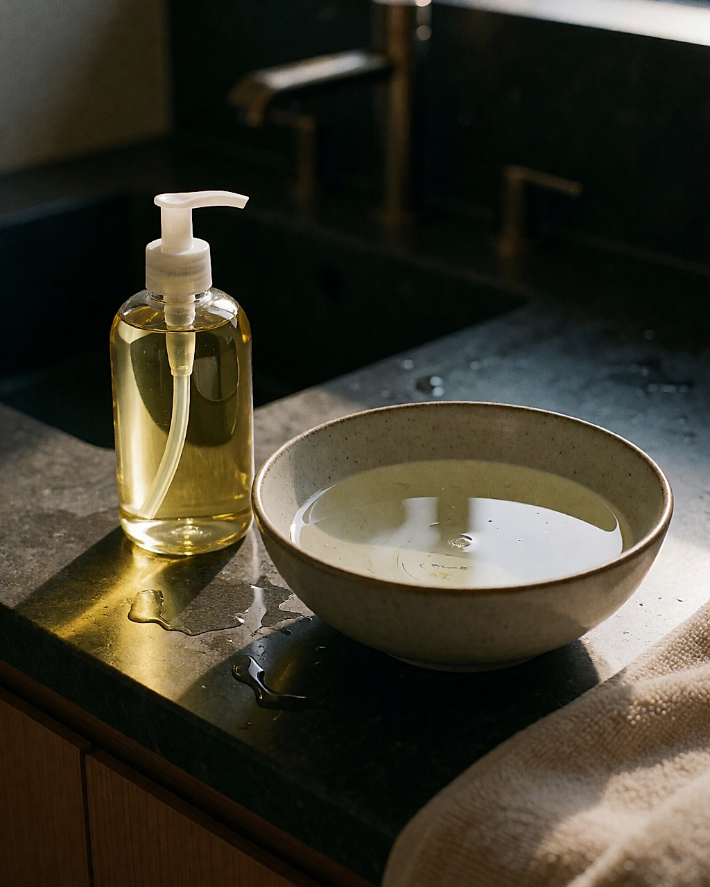 Golden cleansing oil poured into a bowl of lukewarm water, where it turns milky