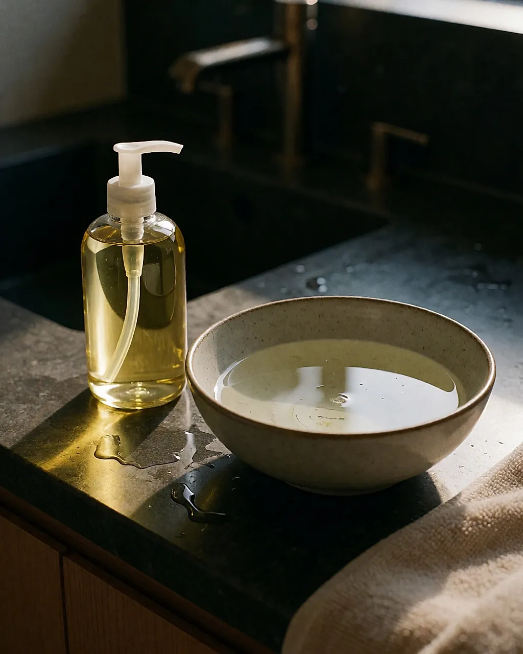 Aceite desmaquillante dorado vertido en un cuenco de agua tibia, donde se transforma en leche