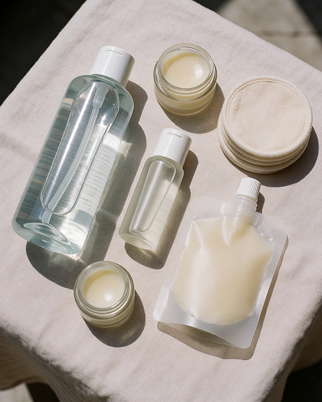 Large size, travel size, refill and washable pads lined up on a light cloth