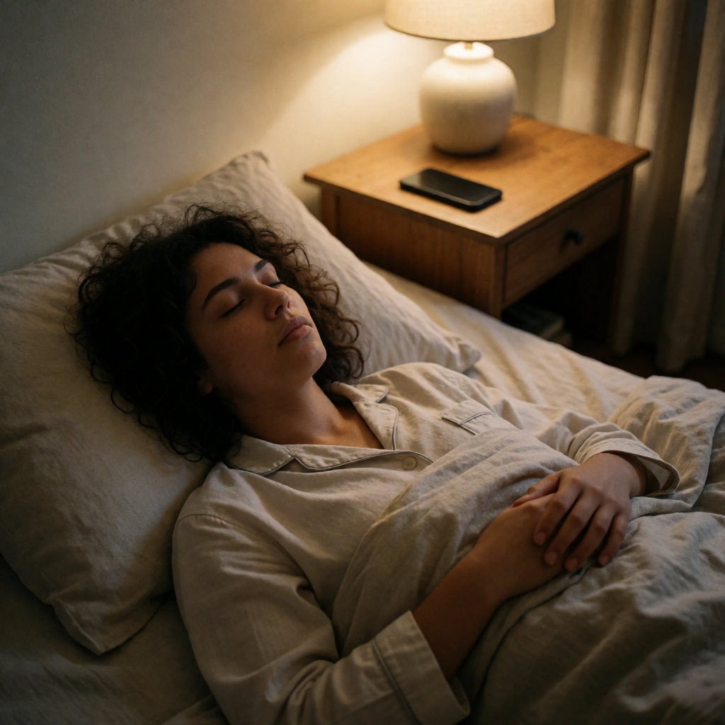 Jeune femme métissée endormie dans un lit simple, téléphone posé loin de la table de nuit