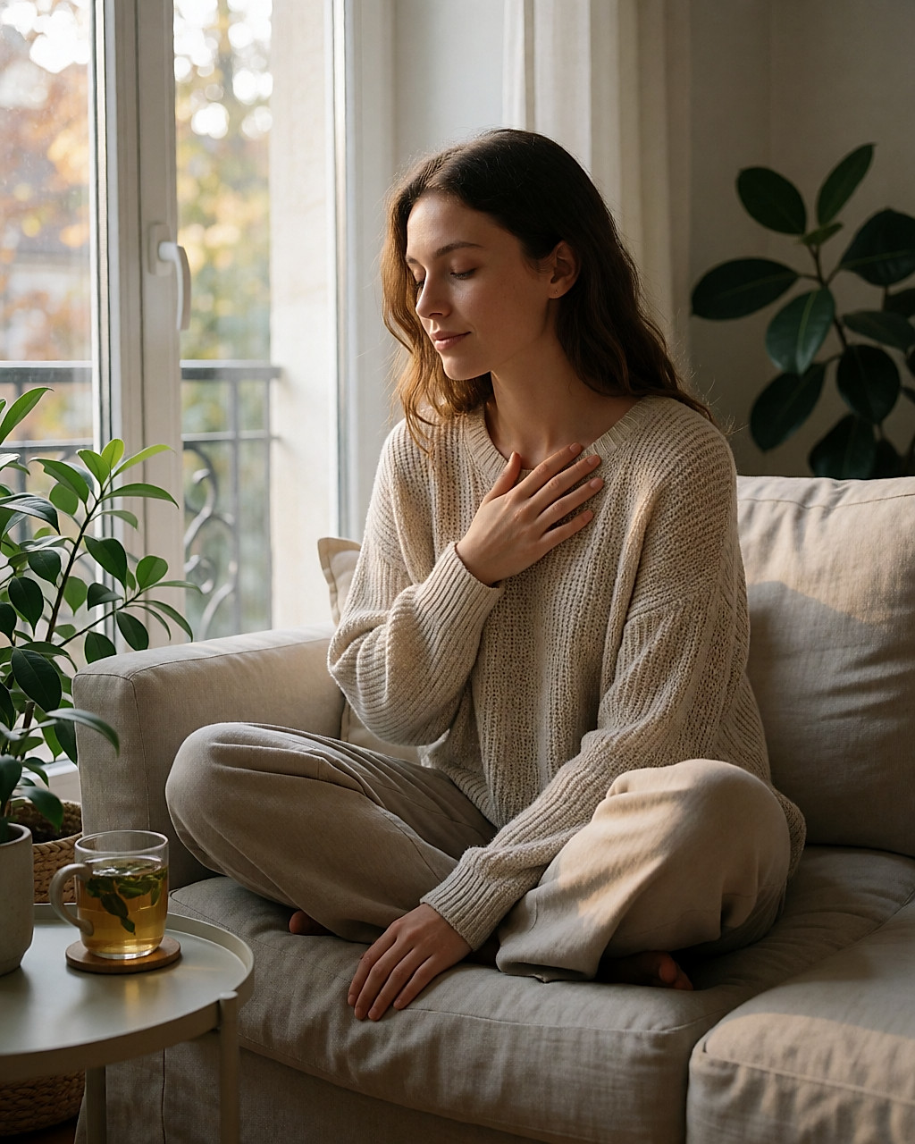 Jeune femme assise près d'une fenêtre, yeux fermés, respirant lentement, tasse de tisane à côté