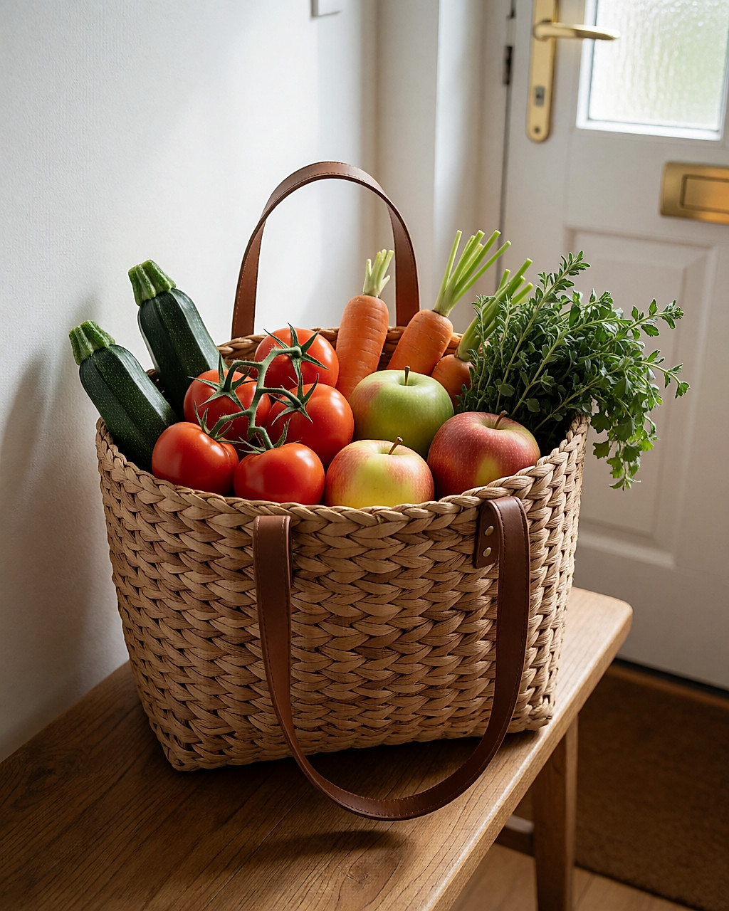 Panier de marché rempli de légumes et de fruits posé près d'une porte