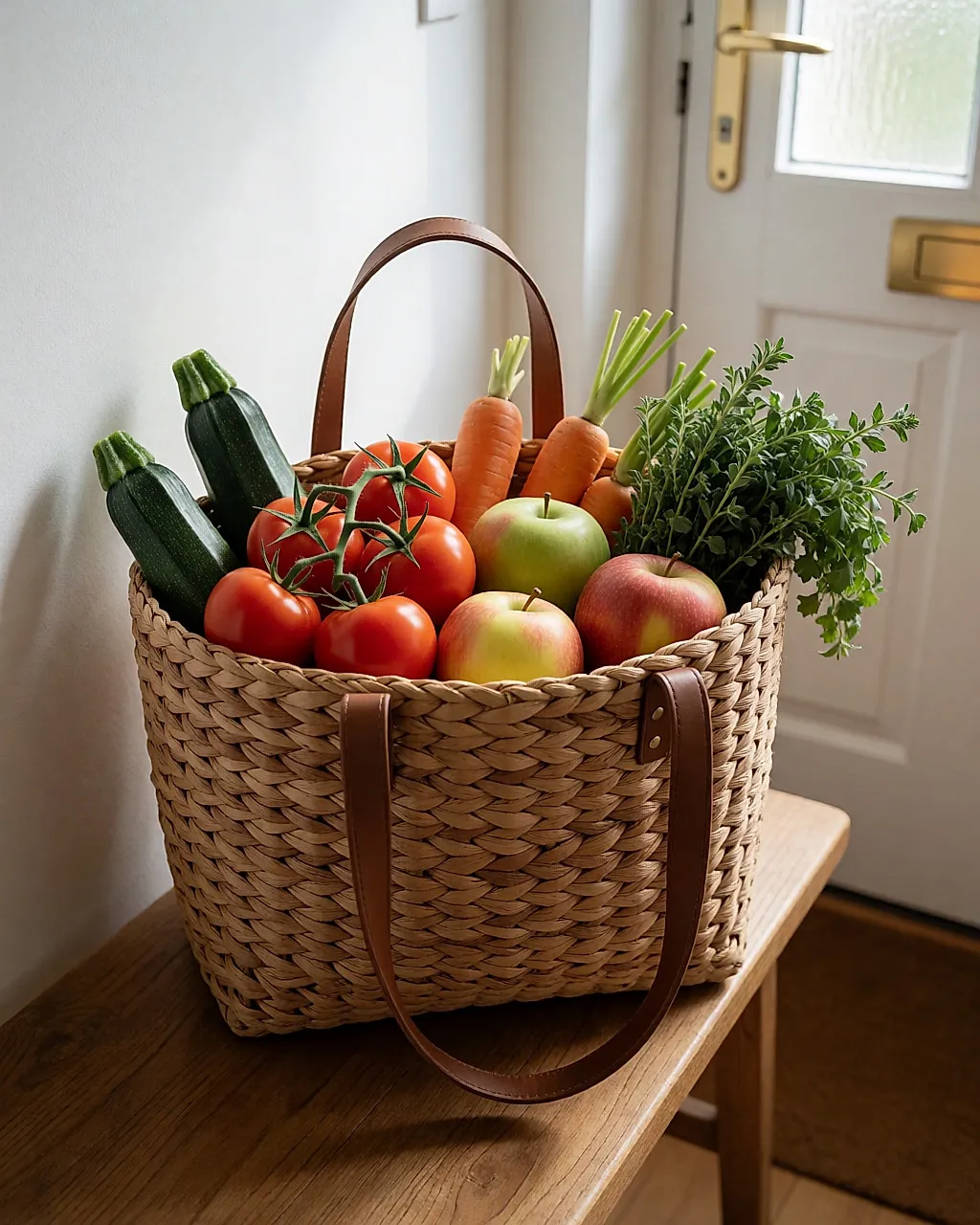 Ein Marktkorb voller Gemüse und Obst neben einer Tür