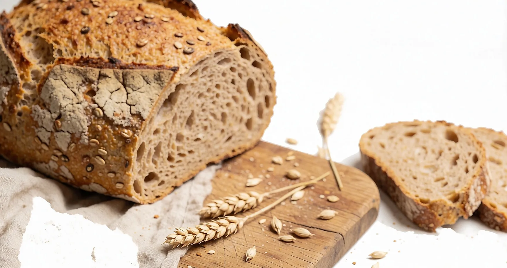 Aufgeschnittenes Vollkornbrot auf einem Holzbrett mit Weizenähren