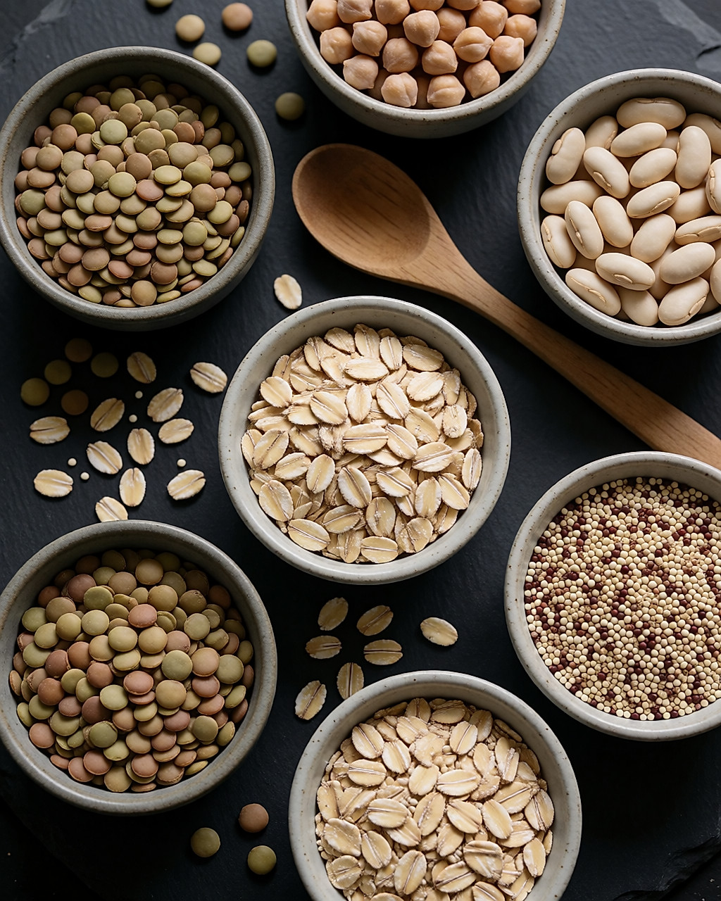 Bols de lentilles, pois chiches, haricots secs, avoine et quinoa
