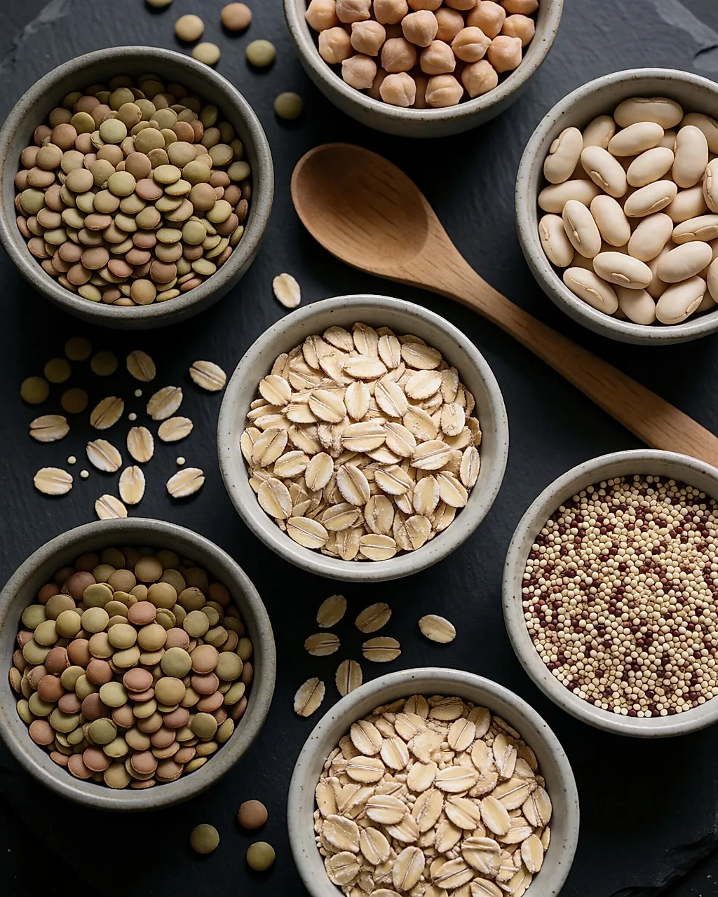 Schüsseln mit Linsen, Kichererbsen, getrockneten Bohnen, Hafer und Quinoa