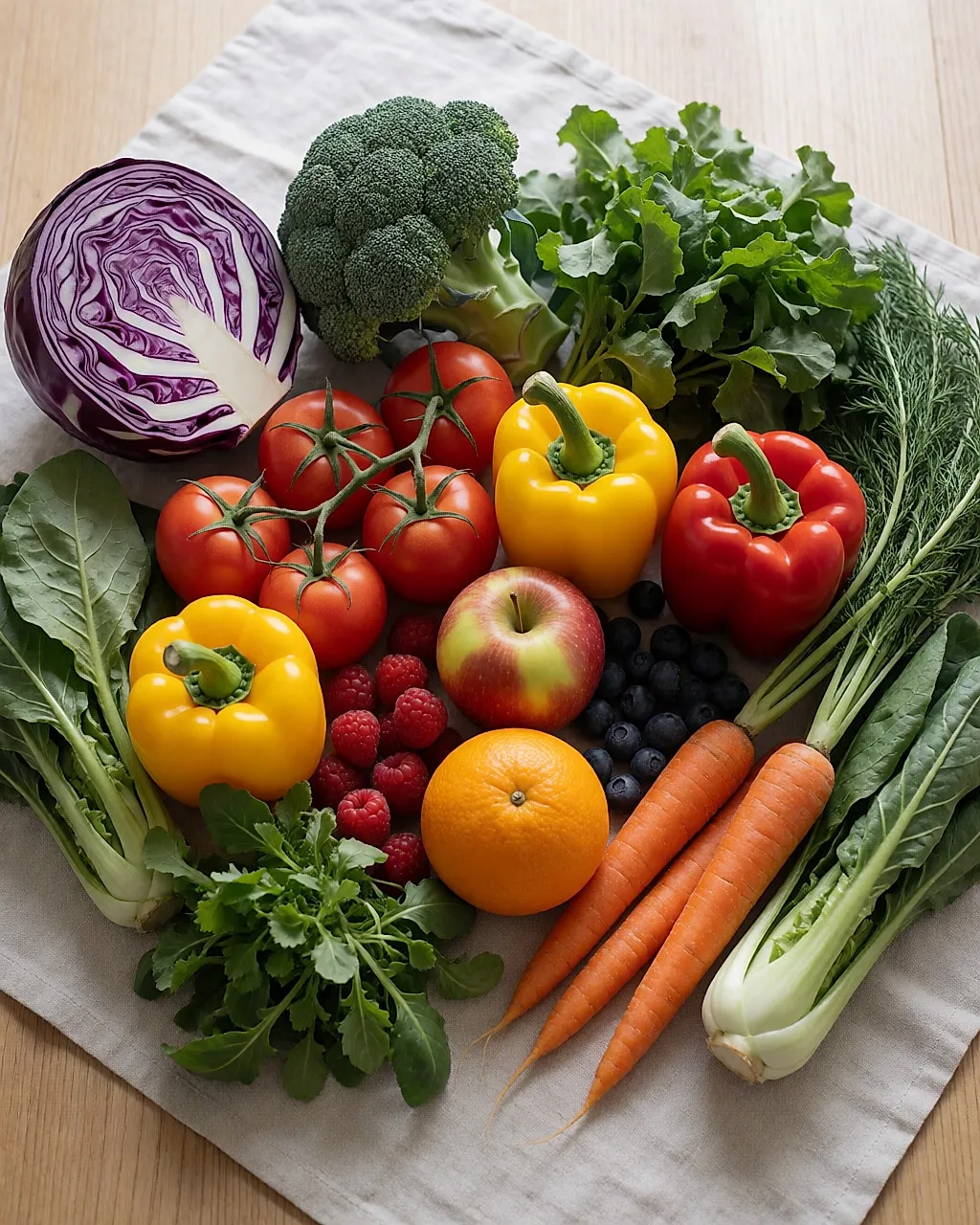 Draufsicht auf verschiedene bunte Obst- und Gemüsesorten auf einem hellen Tuch