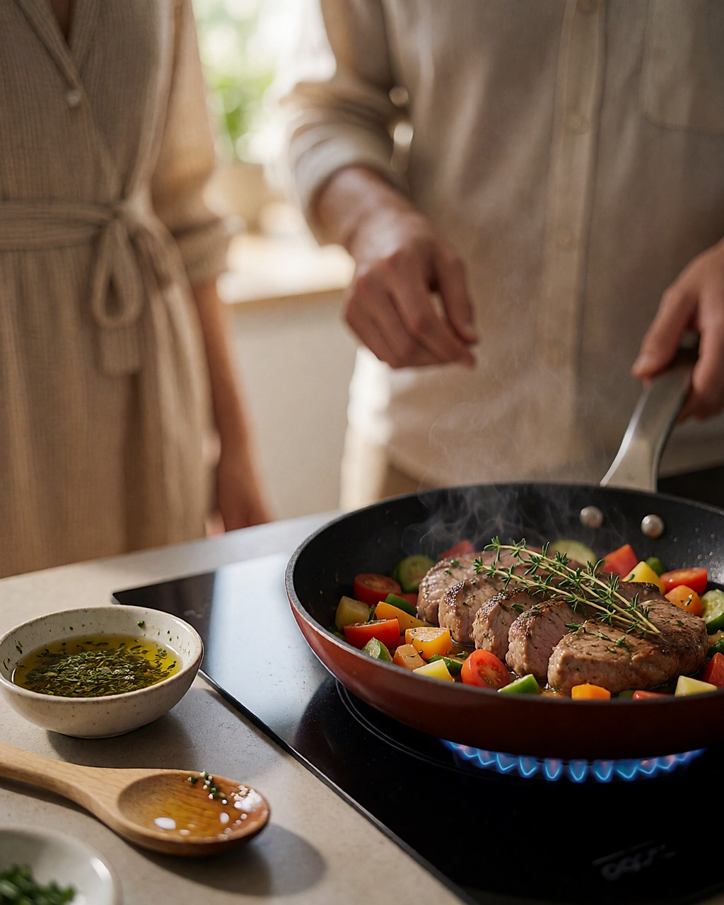 Viande en petite portion cuisant à feu doux avec des légumes et du thym dans une poêle