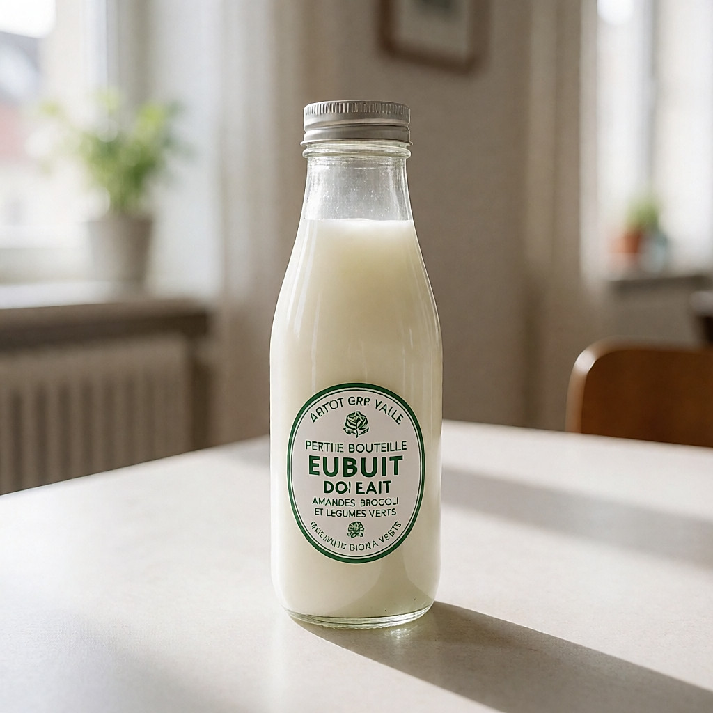 Schüssel mit Naturjoghurt, kleine Milchflasche, Mandeln, Brokkoli und grünes Gemüse
