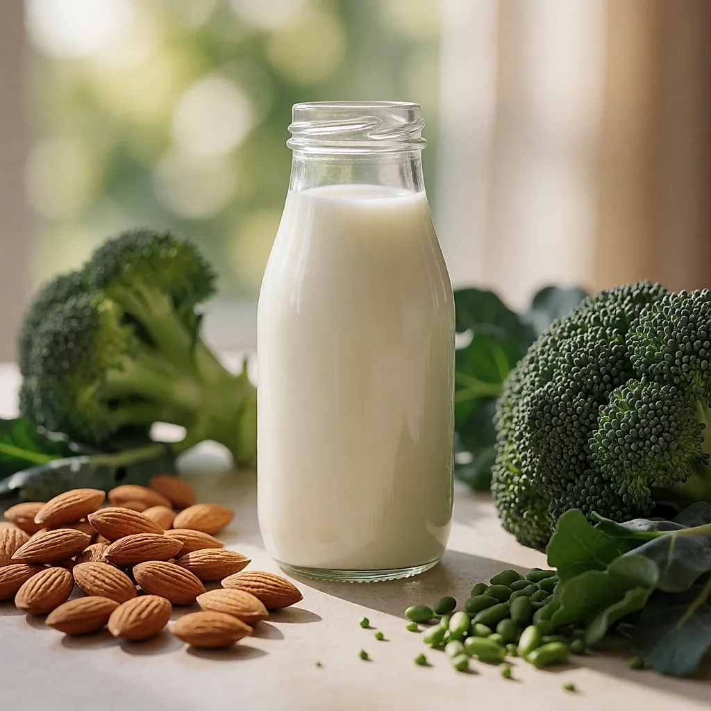 Taça de iogurte natural, pequena garrafa de leite, amêndoas, brócolos e legumes verdes